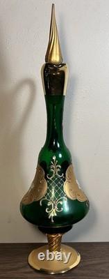 Vintage Murano Glass Tre Fuochi Emerald Green Gold Decanter & 5 Goblets Set