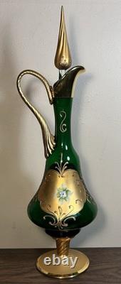 Vintage Murano Glass Tre Fuochi Emerald Green Gold Decanter & 5 Goblets Set