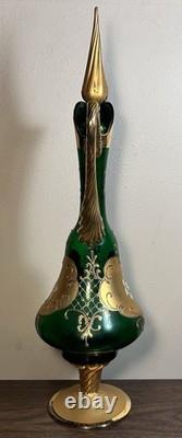 Vintage Murano Glass Tre Fuochi Emerald Green Gold Decanter & 5 Goblets Set