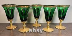 Vintage Murano Glass Tre Fuochi Emerald Green Gold Decanter & 5 Goblets Set