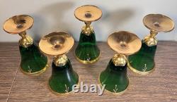 Vintage Murano Glass Tre Fuochi Emerald Green Gold Decanter & 5 Goblets Set