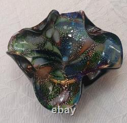 Vintage Murano Glass Tutti Frutti Multicolored Bowl Silver Foli / Fleck 8 x 10