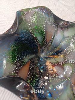 Vintage Murano Glass Tutti Frutti Multicolored Bowl Silver Foli / Fleck 8 x 10