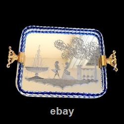 Vintage Murano Glass Twisted Rope Etched Silhouette Mirrored Vanity Tray Italy