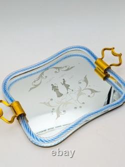 Vintage Murano Glass Twisted Rope Etched Silhouette Mirrored Vanity Tray Italy