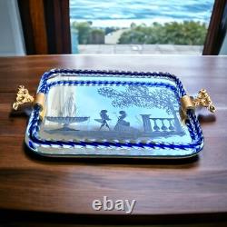 Vintage Murano Glass Twisted Rope Etched Silhouette Mirrored Vanity Tray Italy