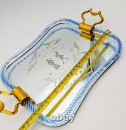 Vintage Murano Glass Twisted Rope Etched Silhouette Mirrored Vanity Tray Italy