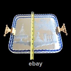 Vintage Murano Glass Twisted Rope Etched Silhouette Mirrored Vanity Tray Italy