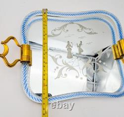 Vintage Murano Glass Twisted Rope Etched Silhouette Mirrored Vanity Tray Italy