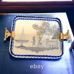 Vintage Murano Glass Twisted Rope Etched Silhouette Mirrored Vanity Tray Italy
