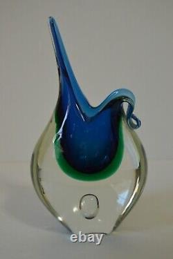 Vintage Murano Glass Vase Blue Emerald Green Teardrop Bubble Handle Italy