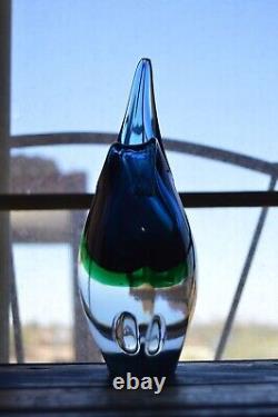 Vintage Murano Glass Vase Blue Emerald Green Teardrop Bubble Handle Italy