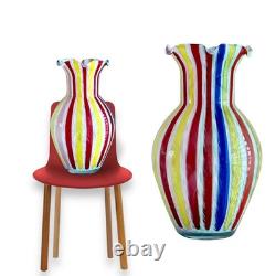 Vintage Murano Glass Vase Bulbous Style Multicolor Canes Design Ruffled Mouth