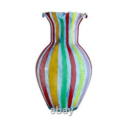 Vintage Murano Glass Vase Bulbous Style Multicolor Canes Design Ruffled Mouth