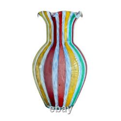 Vintage Murano Glass Vase Bulbous Style Multicolor Canes Design Ruffled Mouth