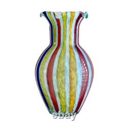 Vintage Murano Glass Vase Bulbous Style Multicolor Canes Design Ruffled Mouth
