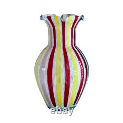 Vintage Murano Glass Vase Bulbous Style Multicolor Canes Design Ruffled Mouth