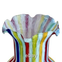 Vintage Murano Glass Vase Bulbous Style Multicolor Canes Design Ruffled Mouth