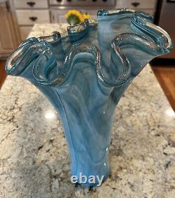 Vintage Murano Glass Vase Celadon & Turquoise Handkerchief Design