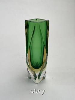 Vintage Murano Glass Vase Green & Yellow Mid-century Italy Collectible