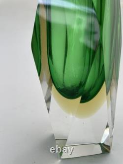 Vintage Murano Glass Vase Green & Yellow Mid-century Italy Collectible