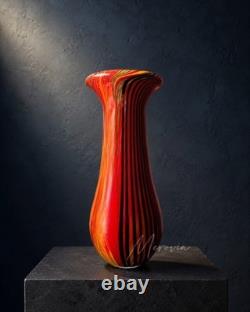 Vintage Murano Glass Vase Red Orange Black Striped Incamiciato Cased 11