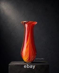 Vintage Murano Glass Vase Red Orange Black Striped Incamiciato Cased 11