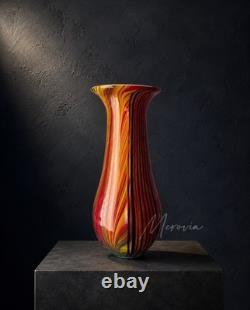 Vintage Murano Glass Vase Red Orange Black Striped Incamiciato Cased 11