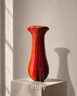 Vintage Murano Glass Vase Red Orange Black Striped Incamiciato Cased 11
