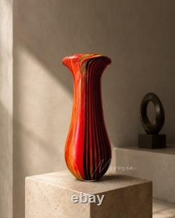 Vintage Murano Glass Vase Red Orange Black Striped Incamiciato Cased 11