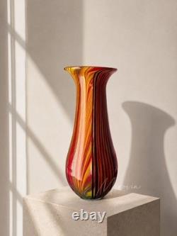 Vintage Murano Glass Vase Red Orange Black Striped Incamiciato Cased 11
