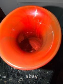 Vintage Murano Glass Vase Red Orange Black Striped Incamiciato Cased 11