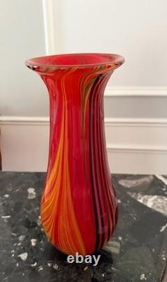 Vintage Murano Glass Vase Red Orange Black Striped Incamiciato Cased 11