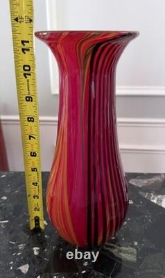 Vintage Murano Glass Vase Red Orange Black Striped Incamiciato Cased 11