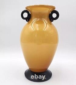 Vintage Murano Glass Vase VeniniI Yellow With Black Handles & Base MCM 11'