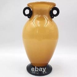 Vintage Murano Glass Vase VeniniI Yellow With Black Handles & Base MCM 11'