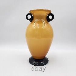 Vintage Murano Glass Vase VeniniI Yellow With Black Handles & Base MCM 11'