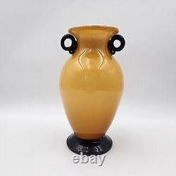 Vintage Murano Glass Vase VeniniI Yellow With Black Handles & Base MCM 11'