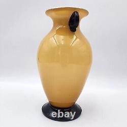 Vintage Murano Glass Vase VeniniI Yellow With Black Handles & Base MCM 11'