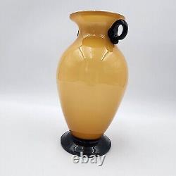 Vintage Murano Glass Vase VeniniI Yellow With Black Handles & Base MCM 11'