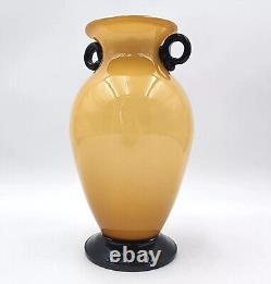 Vintage Murano Glass Vase VeniniI Yellow With Black Handles & Base MCM 11'