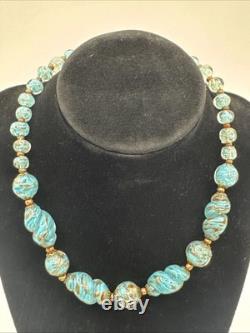 Vintage Murano Glass Venetian Beaded Necklace 15-1/4 Turquoise Gold Glitter
