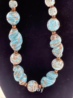 Vintage Murano Glass Venetian Beaded Necklace 15-1/4 Turquoise Gold Glitter