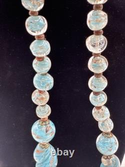 Vintage Murano Glass Venetian Beaded Necklace 15-1/4 Turquoise Gold Glitter