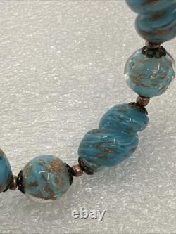 Vintage Murano Glass Venetian Beaded Necklace 15-1/4 Turquoise Gold Glitter