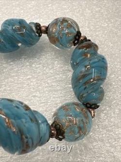 Vintage Murano Glass Venetian Beaded Necklace 15-1/4 Turquoise Gold Glitter