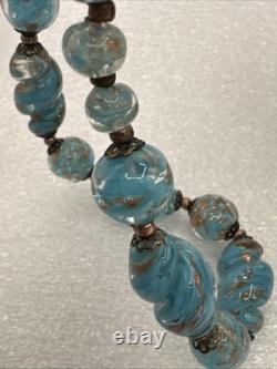 Vintage Murano Glass Venetian Beaded Necklace 15-1/4 Turquoise Gold Glitter