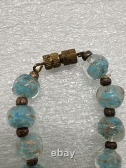 Vintage Murano Glass Venetian Beaded Necklace 15-1/4 Turquoise Gold Glitter