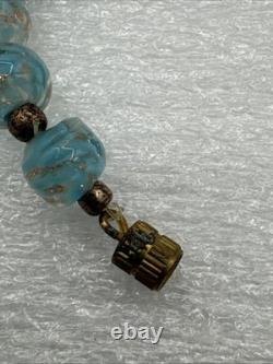 Vintage Murano Glass Venetian Beaded Necklace 15-1/4 Turquoise Gold Glitter