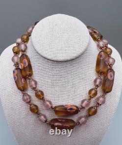 Vintage Murano Glass Venetian Lampwork amber colored Tube Beads Necklace 24 lon